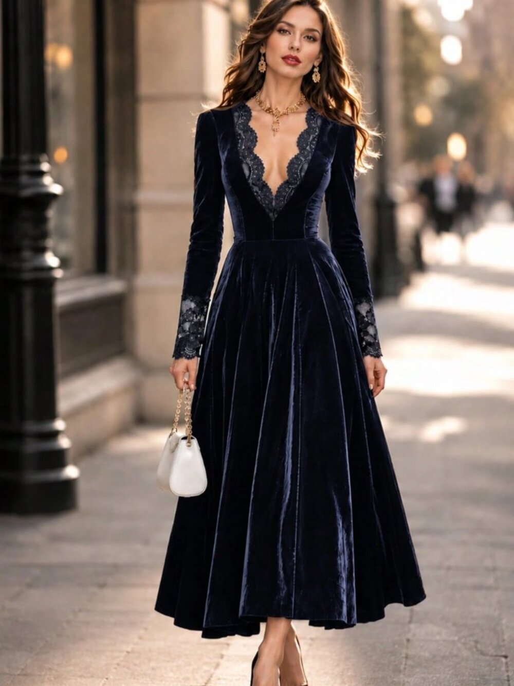 Blue Velvet Midi Dress – Plunging Scalloped Lace V-Neck Long Sleeve